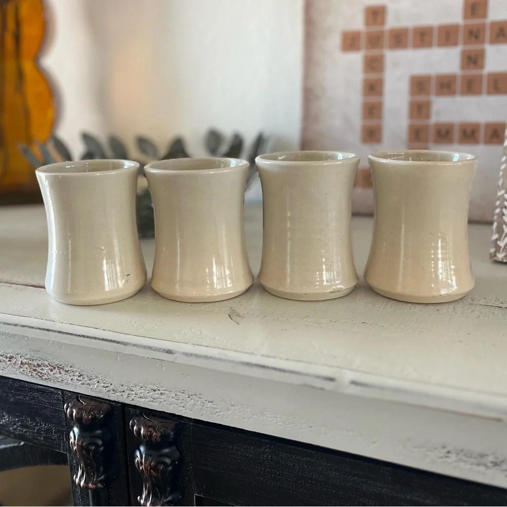 Rare Set of 4 Handmade Pottery Cups Mugs Solid Heavy Blue Folk Art Ichthys Symbo